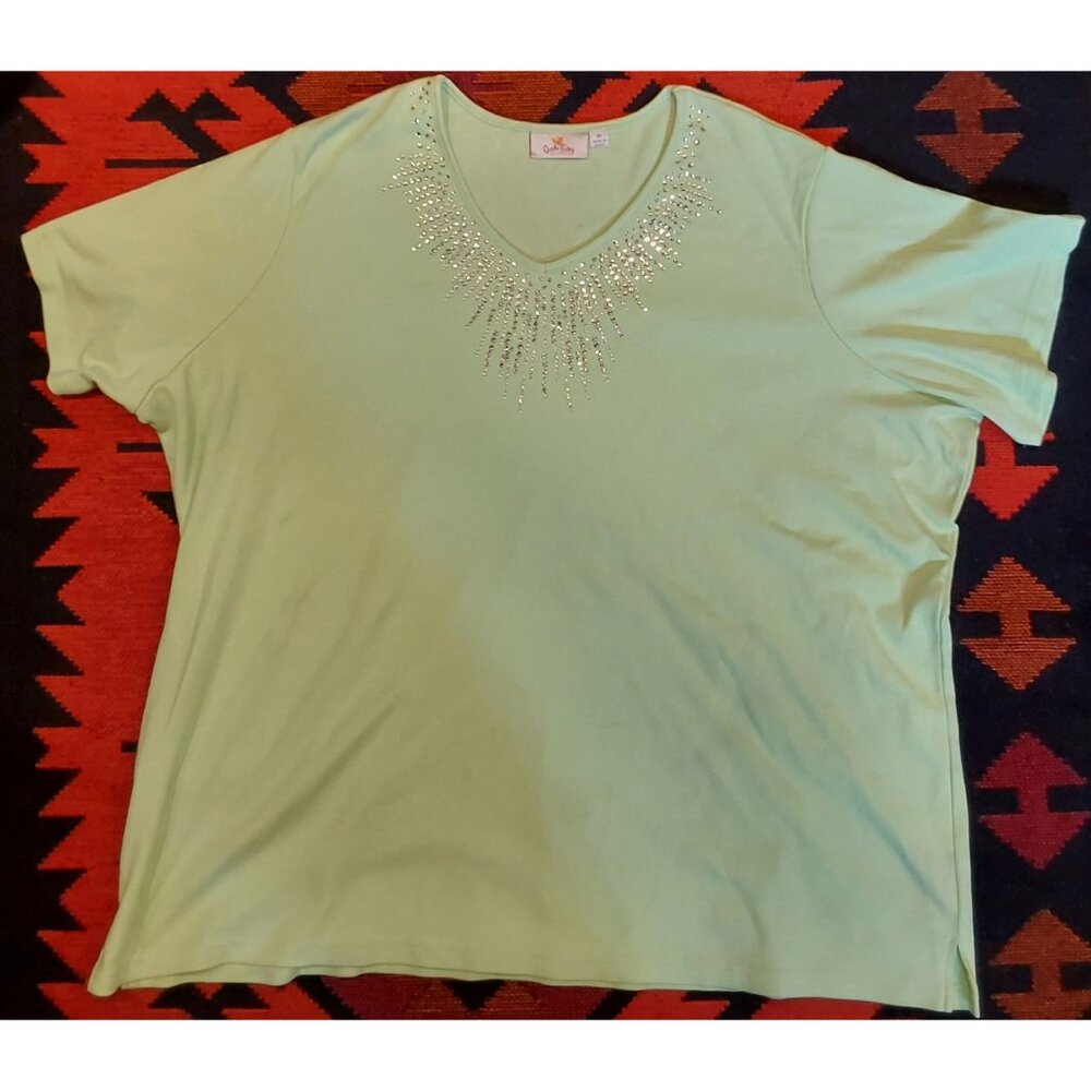 Quacker Factory Women's Plus Size Mint Green Top with Starburst Bling Neck.3X